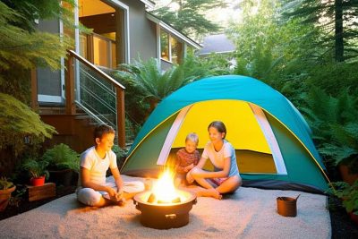 Descubre-como-organizar-un-campamento-en-tu-propio-jardin Imagen de un campamento con una familia en el patio de la casa