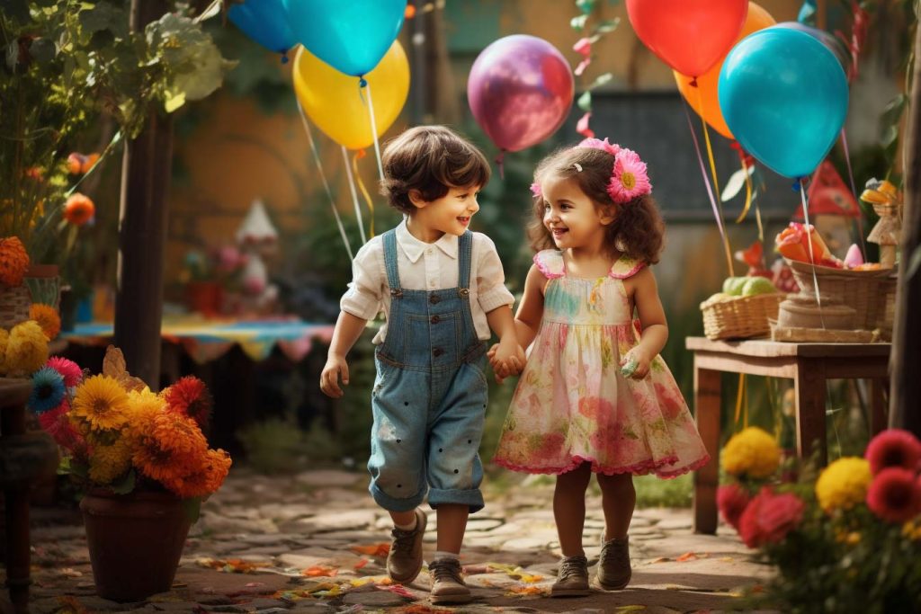 Fiestas infantiles La guia definitiva para crear recuerdos inolvidables. Dos niños caminando con globos detras