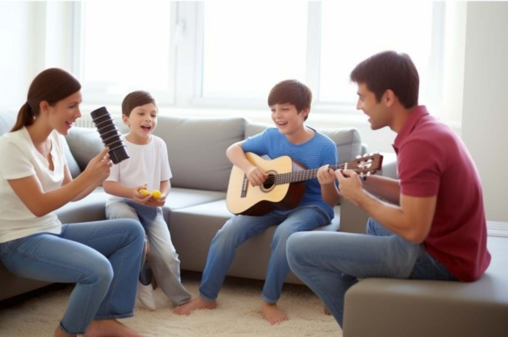 Impulsando-el-amor-por-la-musica-Como-crear-un-ambiente-musical-en-casa-Ideas-para-acercar-a-los-ninos-a-diferentes-generos-de-musica-y-consejos-para-hacer-musica-en-familia todos tocando instrumentos musicales