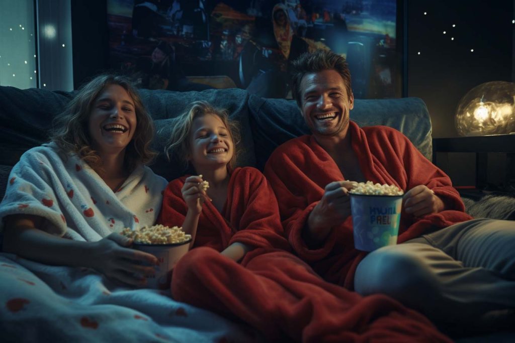 Consejos para una noche de cine en casa espectacular: elección de película y comidas temáticas Familia en pijama disfrutando una película