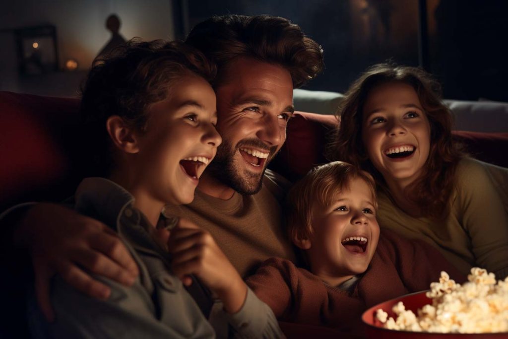 Consejos para una noche de cine en casa espectacular: elección de película y comidas temáticas. Familia sonriente disfrutando una pelicula.