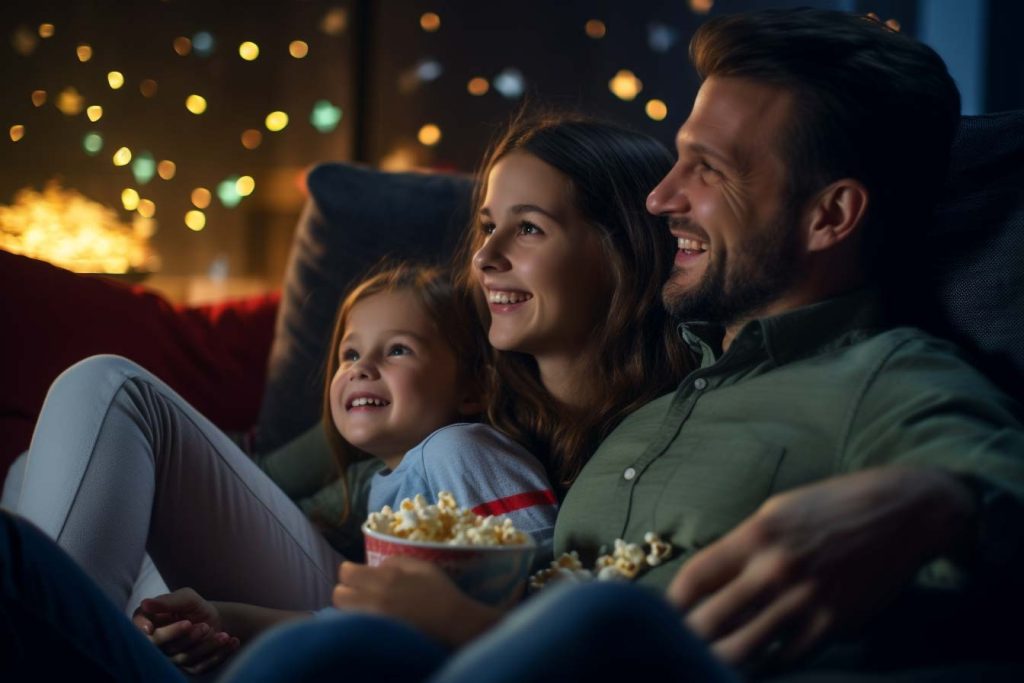 Consejos para una noche de cine en casa espectacular: elección de película y comidas temáticas. Familia sonriendo viendo una película