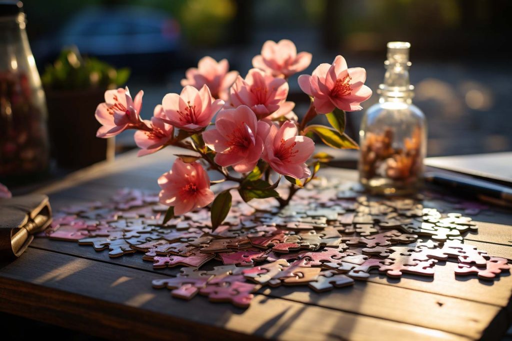 Consejos y sugerencias para introducir a los niños al mundo de los puzzles y fortalecer la unión familiar. Puzzle encima de una mesa con un florero