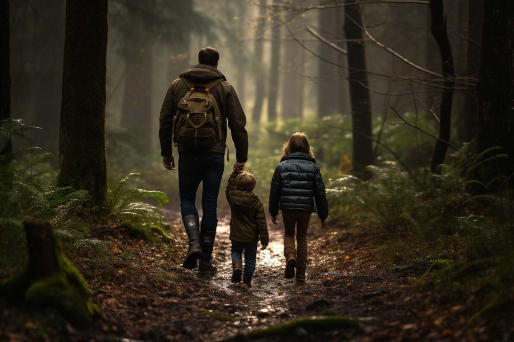 Descubre la diversión en familia explorando la naturaleza en México. Familia, padre, hija e hijo caminando por el bosque.