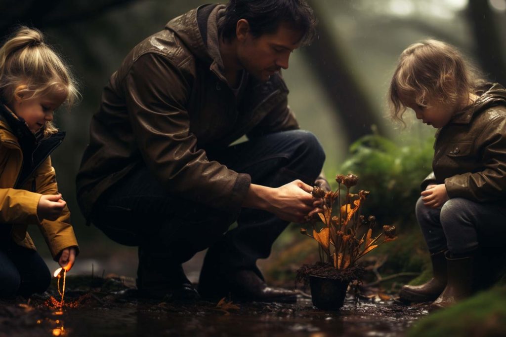 Descubre la diversion en familia explorando la naturaleza en Mexico. Padre enseñando a sus hijos a recolectar y sembrar flores y plantas.