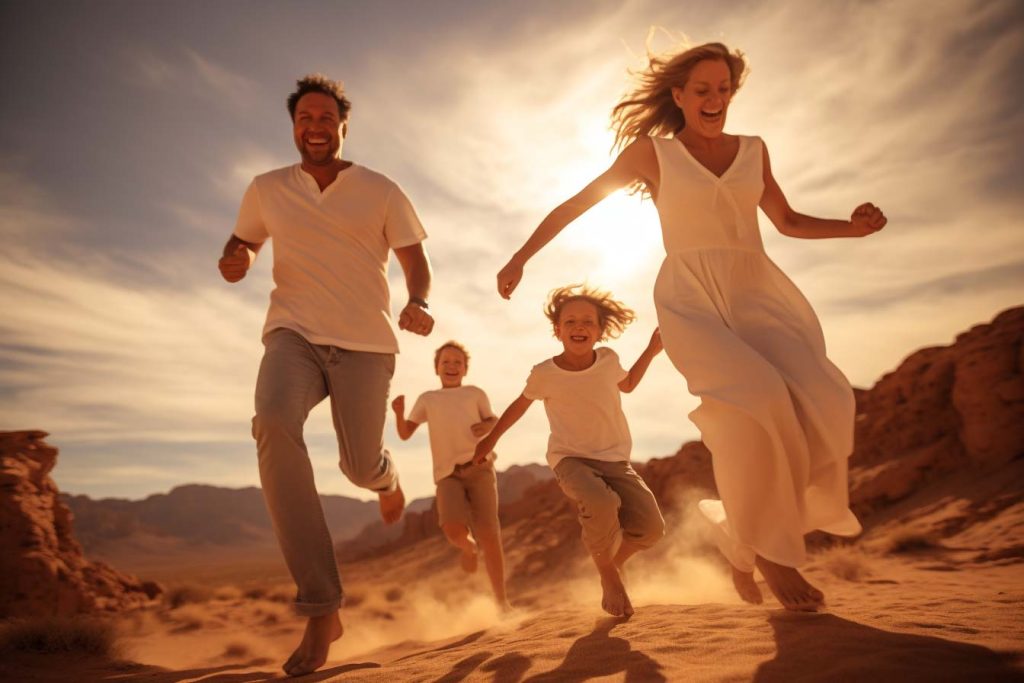 Descubre la diversión en familia explorando la naturaleza en México. Familia divirtiéndose en el desierto.