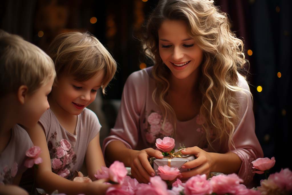 Festejando a mama: Ideas y consejos para celebrar su día de manera especial. Festejando a mamá, dándole regalos. Una madre y sus dos niños detrás de una mesa con un arreglo floral.