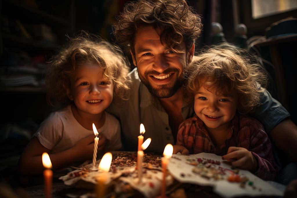 Festejando a Papá: Ideas originales para demostrarle tu amor en su día. Papá festejando su cumpleaños con un pastel y abrazando a sus dos hijos.