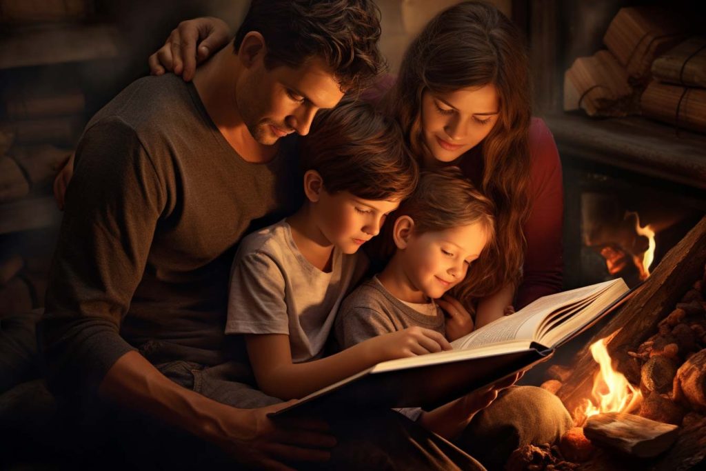 Fomentando la lectura en familia: Cómo crear un club de lectura familiar en México. Familia leyendo juntos a la luz de una chimenea