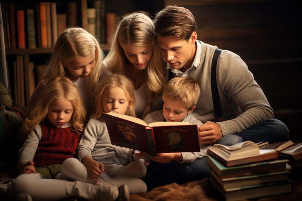 Fomentando la lectura en familia: Cómo crear un club de lectura familiar en México. Familia grande escuchando y leyendo un libro