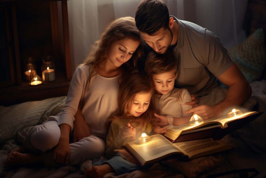 Fomentando la lectura en familia: Cómo crear un club de lectura familiar en México. Familia leyendo libros con velas