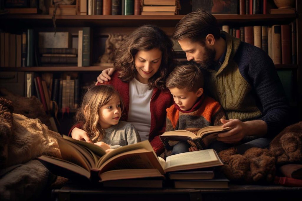 Fomentando la lectura en familia: Cómo crear un club de lectura familiar en México. Familia leyendo libros en la biblioteca familiar