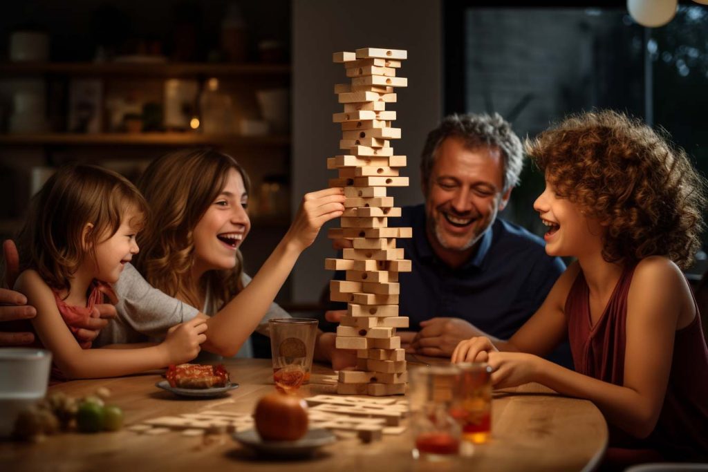 Los Mejores Juegos de Mesa Clásicos y Modernos para Disfrutar en Familia en México. Familia jugando Jenga.