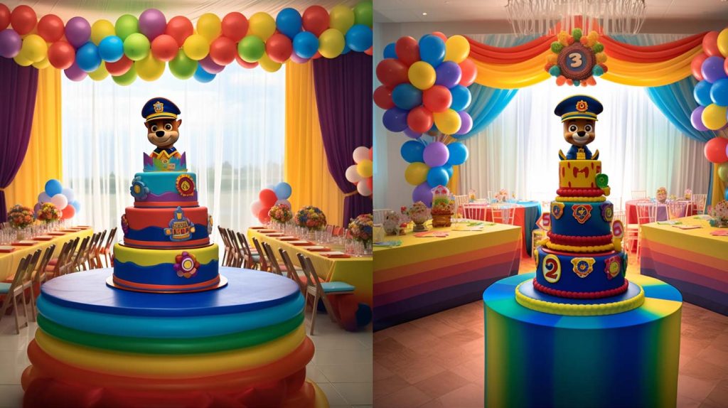 Pastel-de-Paw-Patrol-La-Mejor-Elección-para-la-Fiesta-de-tus-Niños Dos pasteles de Paw Patrol con decoración de fondo