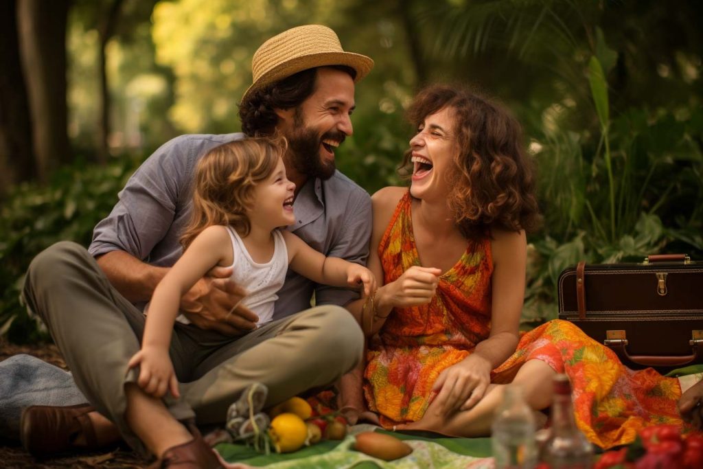 ¡Tips para un picnic familiar perfecto en México: Menú y diversión al aire libre! Familia teniendo un picnic al aire libre disfrutando, sonriendo