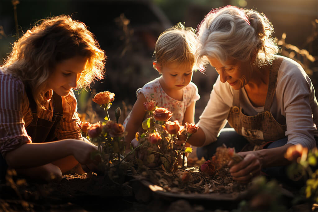 Enlaza Generaciones: Actividades para Abuelos y Nietos en México. Abuela, mamá y nieta trabajando en jardinería.