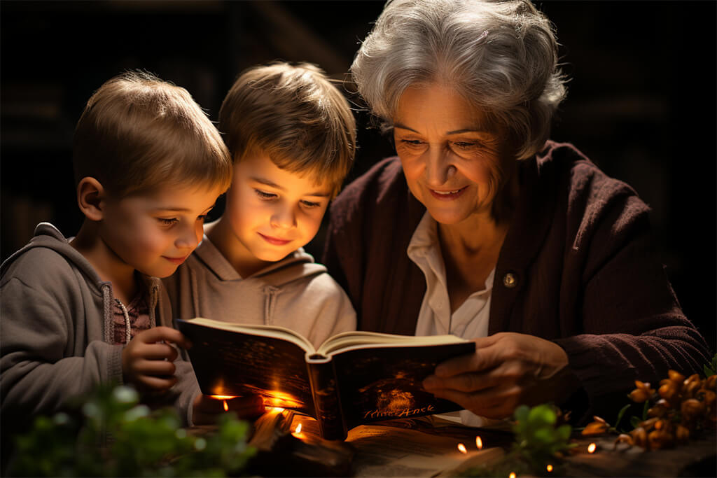 Enlaza Generaciones: Actividades para Abuelos y Nietos en México. Abuela leyendo libros con sus nietos.