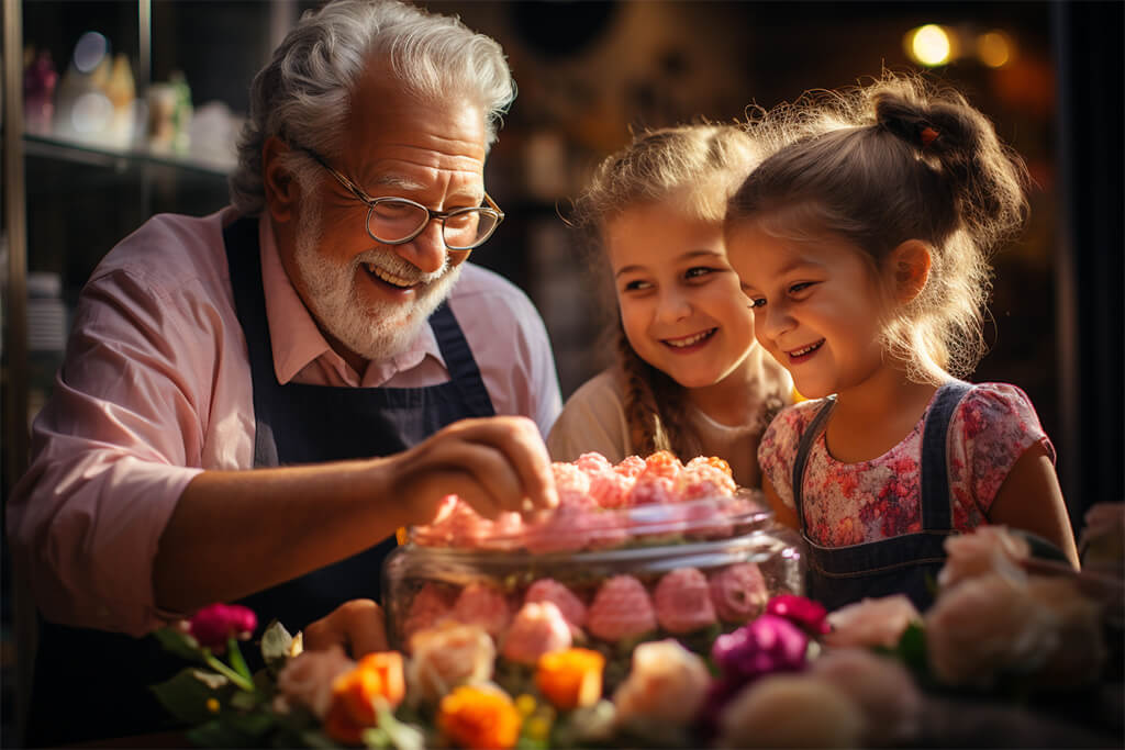 Enlaza Generaciones: Actividades para Abuelos y Nietos en México. Abuelo disfrutando con sus nietas acomodando piezas de dulces en una jarra de cristal.