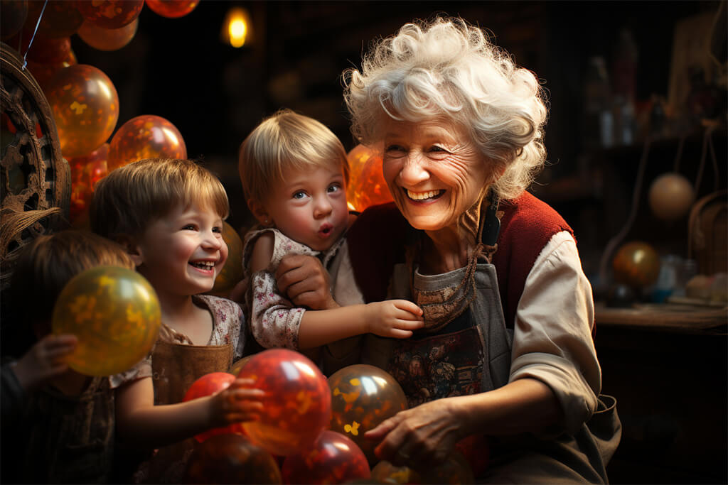 Enlaza Generaciones: Actividades para Abuelos y Nietos en México. Abuela jugando con sus nietos con globos de colores.