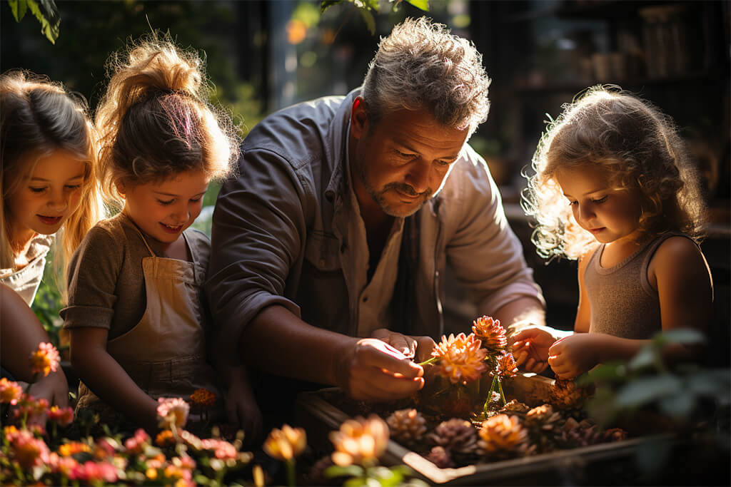 Enlaza Generaciones: Actividades para Abuelos y Nietos en México. Abuelo enseñando a sus nietos a trabajar con flores recortadas.