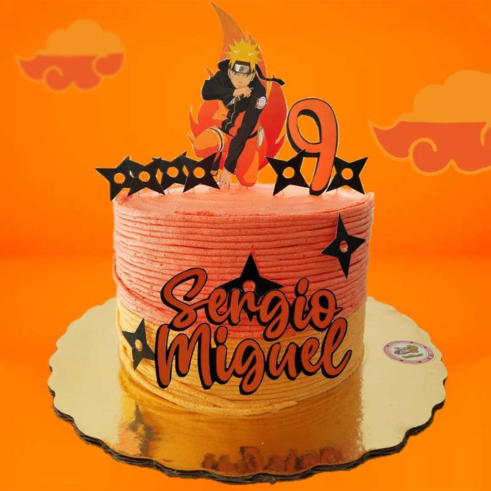 Pastel de Naruto. Pastel decorado con betún y detalles en fondant e impresiones comestibles.