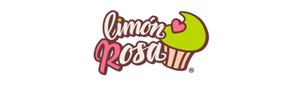 Logotipo de la pastelería Limón Rosa. Incluye el nombre en tipografía cursiva con los colores rosa y blanco, acompañado de un cupcake verde con un corazón rosa sobre un fondo marrón.