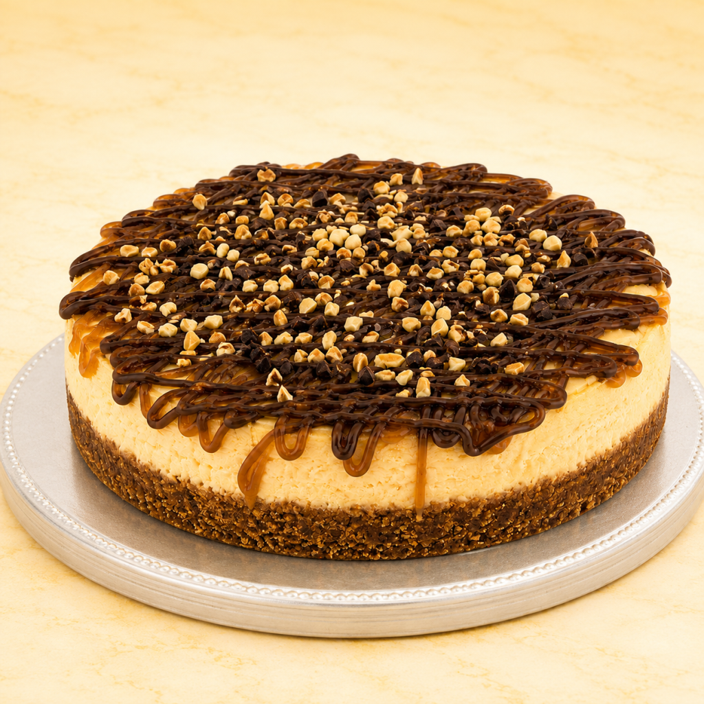 Cheesecake Tortuga decorado con cobertura de chocolate, nuez picada y trozos de chocolate sobre base de galleta