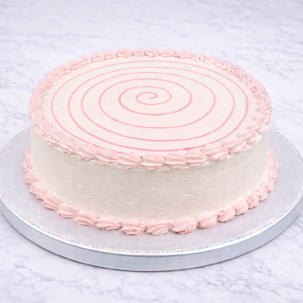 Pastel Napolitano con cubierta clara y decoración rosa en espiral